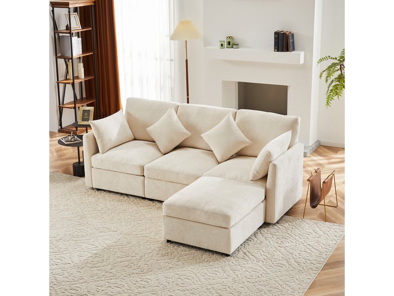  Canapé d'angle, canapé convertible, 3 places, en chenille, beige, avec pouf, pour salon, bureau, appartement  - Conforama C