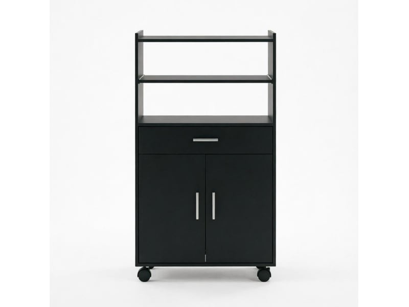  Desserte micro-ondes 59x40x92 cm – noire – 4 roulettes, placard, tiroir et tablette coulissante  - Conforama A