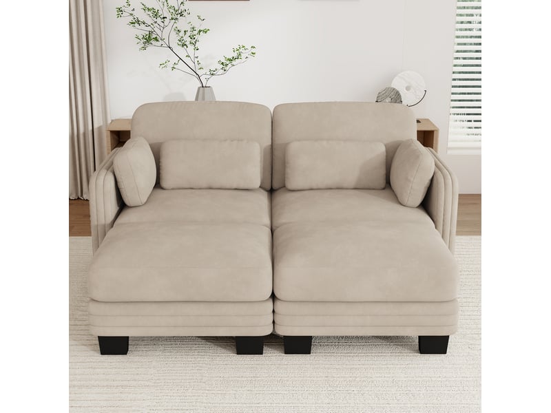  Canapé modulable 2 places modenvie en tissu chenille, forme en u, 2 poufs, 176 x 143 x 88 cm, marron clair  - Conforama D
