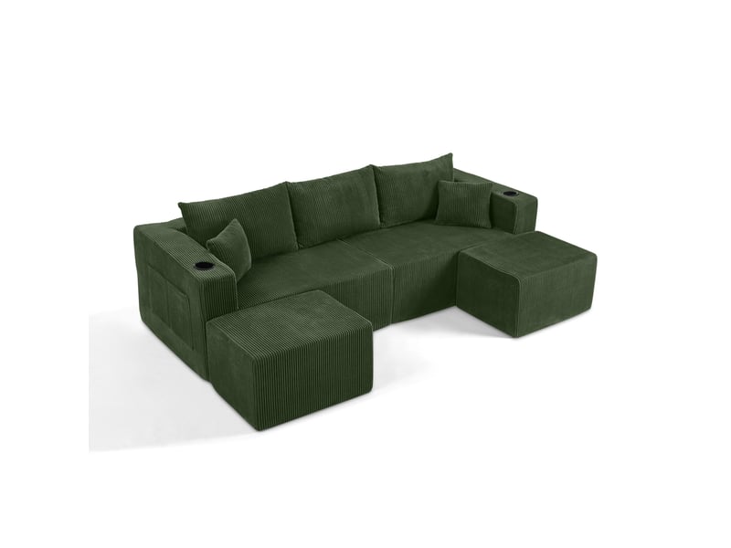  Canapé d'angle modulable 3 places en velours côtelé vert avec ottomans mobiles, porte-gobelets et rangements  - Conforama A