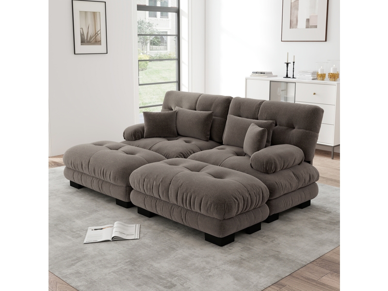  Canapé d’angle ulevr modulable 2 places en chenille marron, 220 x 145 cm, avec 2 ottomans mobiles et coussins  - Conforama E