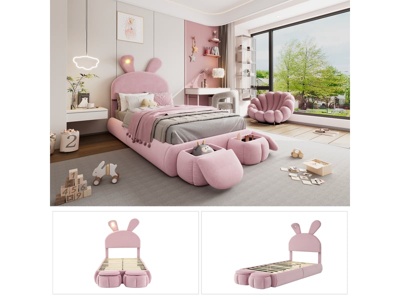  Lit capitonné 90x200cm en velours rose, oreilles de lapin, led, deux poufs et lattes en bois, lit enfant  - Conforama D