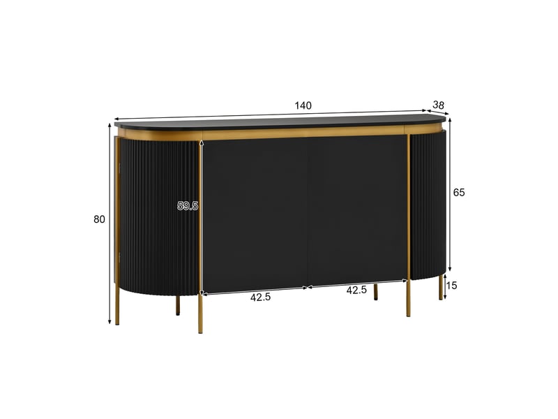  Buffet de salon 140x38x80 cm, pour cuisine et couloir, meuble bas ovale en mdf, avec 4 portes et pieds en métal, noir  - Conforama E