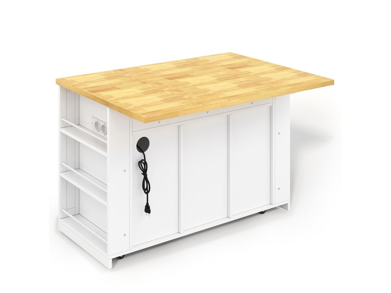  Îlot de cuisine - 130x50（80）x87 cm blanc - plan de travail rabattable, prises électriques, 3 tiroirs et rangements  - Conforama A