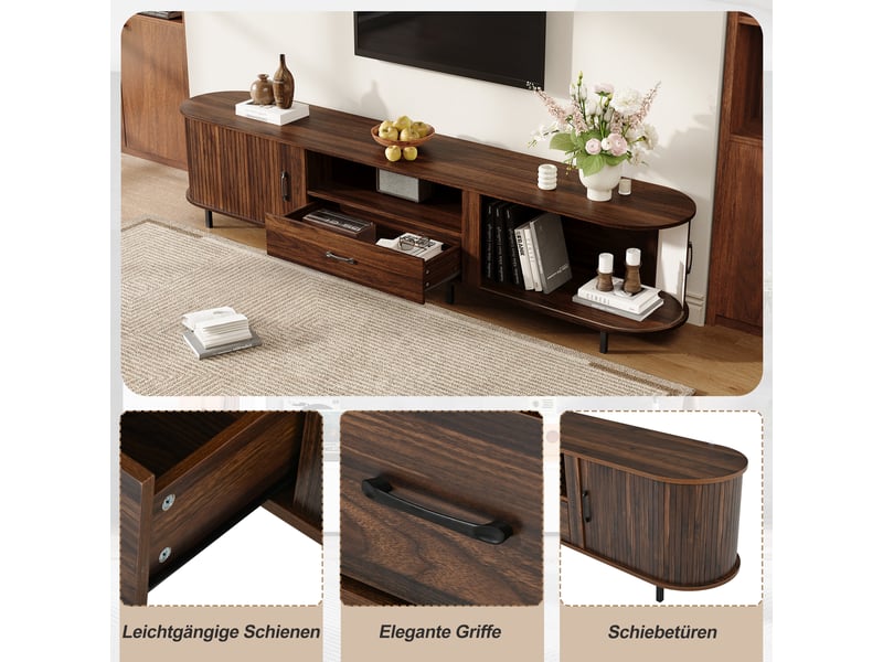  Meuble tv 180 cm pour écran jusqu’à 75 pouces, 2 portes coulissantes rainurées, 1 tiroir, 2 niches ouvertes, coins arrondis, pieds métal, effet noyer  - Conforama E