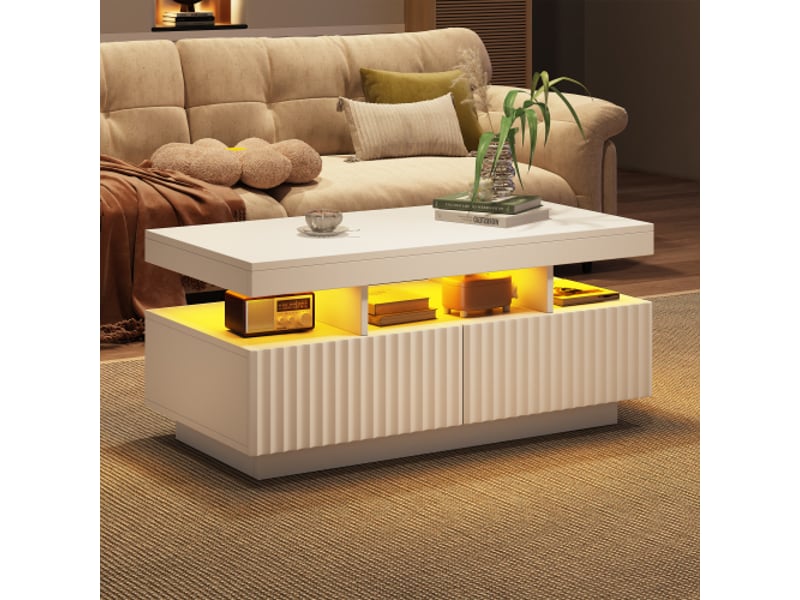  Table basse blanche 100x50x45 cm avec 2 tiroirs, plateau thermoformé sous vide à rayures verticales et led intégrée  - Conforama B