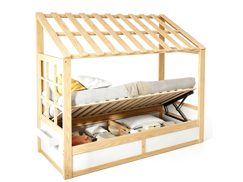  Lit mezzanine 90x200 cm, lit enfant, rangement hydraulique, bois blanc et naturel  - Conforama R