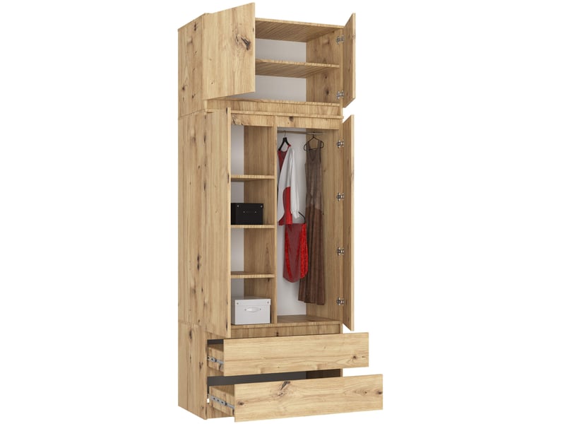 Armoire avec surmeuble akord s90 chêne artisan 90 cm 2 portes 2 tiroirs façade chêne artisan 6 étagères 90x51x234 cm - Conforama B