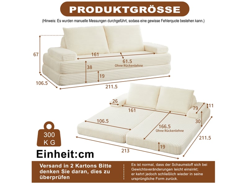  Canapé modulable modenvie 2 places 211,5 x 106,5 x 62 cm en velours côtelé beige, dossiers triangulaires  - Conforama C
