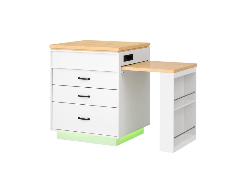 Îlot de cuisine extensible à roulettes, led, blanc et aspect bois - Conforama A