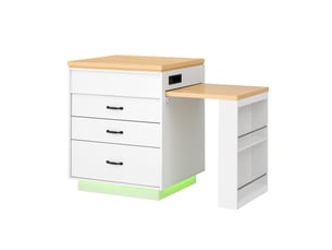 Îlot de cuisine extensible à roulettes, led, blanc et aspect bois