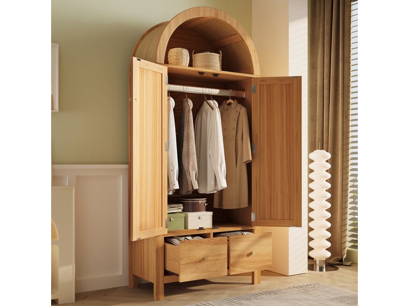  Armoire avec 2 portes, 2 tiroirs, niche ouverte et tringle, fermeture magnétique pour chambre, en mdf 78×45×181 cm chêne  - Conforama B