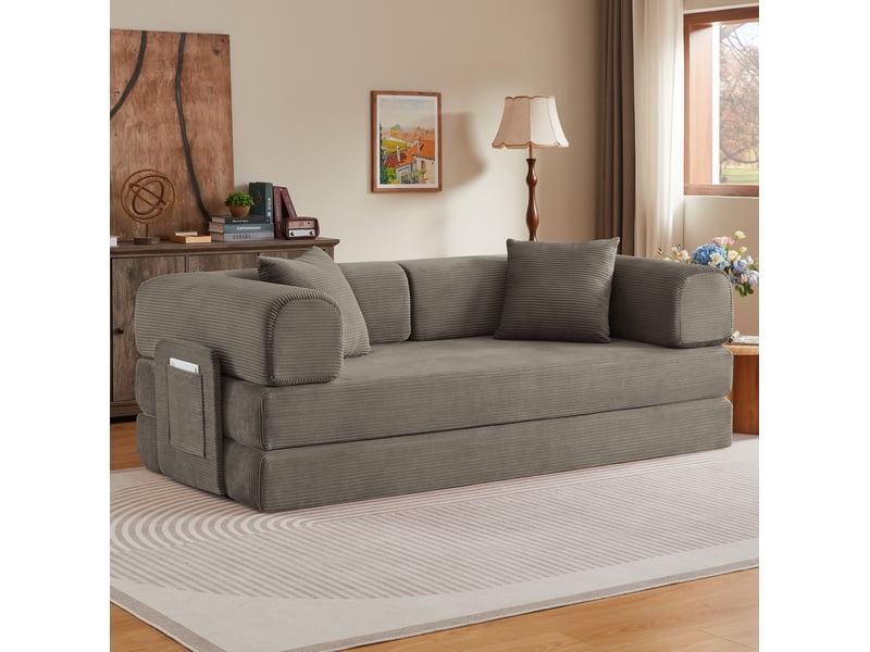 Canapé-lit convertible 3 places en velours côtelé taupe avec 2 coussins 204 x 97 x 65 cm  - Conforama D