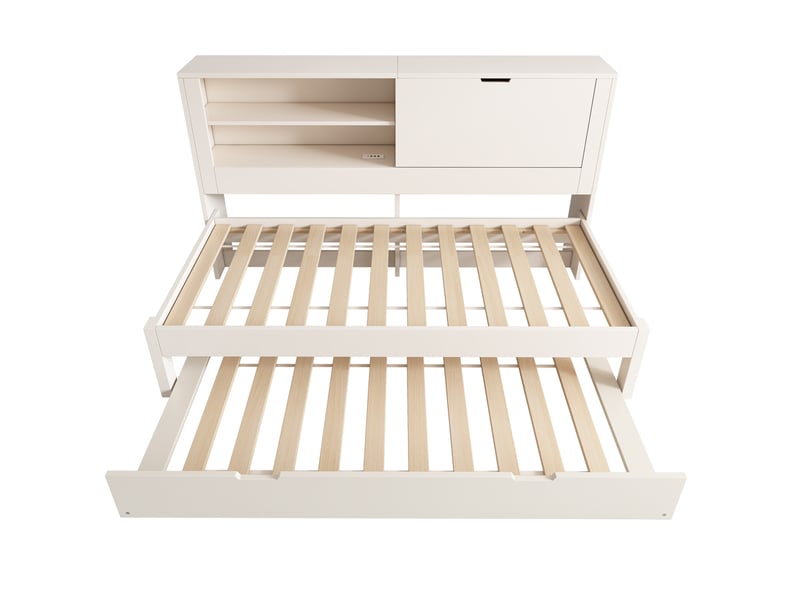  Elvmi lit banquette 90x190 cm avec lit gigogne, rangement intégré au dossier, station de charge usb et usb-c, structure en bois blanc, sommier à lattes, sans matelas  - Conforama A