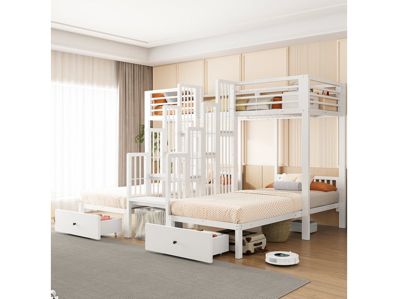  Lit superposé triple modenvie 90 x 200 cm escalier central tiroirs blanc  - Conforama E