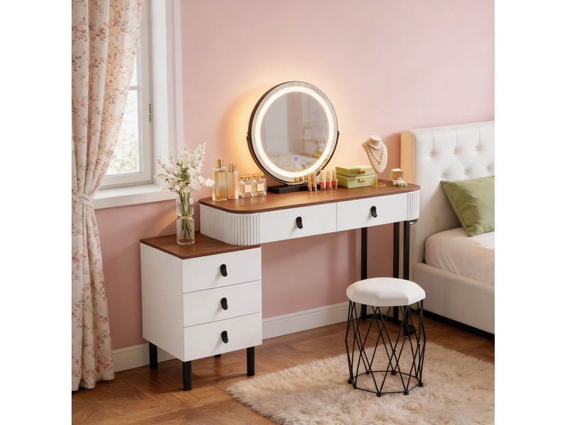 Coiffeuse bicolore avec miroir led, tabouret et 5 tiroirs - Conforama D