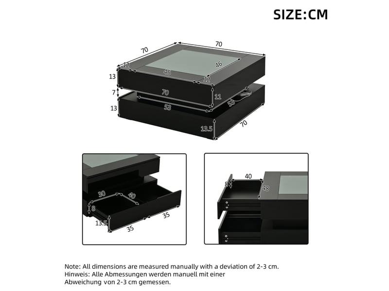 Table basse avec 3 tiroirs et éclairage led, finition brillante en verre et panneau de particules noir 70 × 70 × 35 cm  - Conforama C