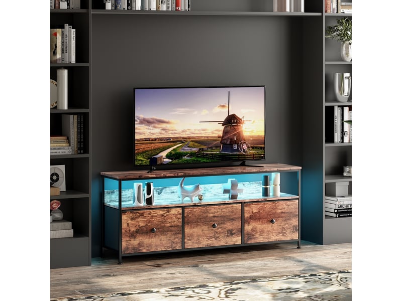 Meuble tv multimédia avec led - buffet led - design rétro chic - tiroirs en tissu effet bois - 108cmx30x57cm - marron  - Conforama B