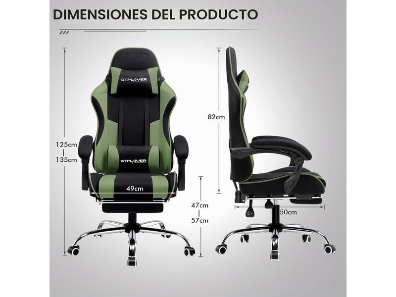 Gtplayer chaise de jeu ergonomique avec repose-pieds, réglable en hauteur - tissu vert GT800A-GE-FA - Conforama C