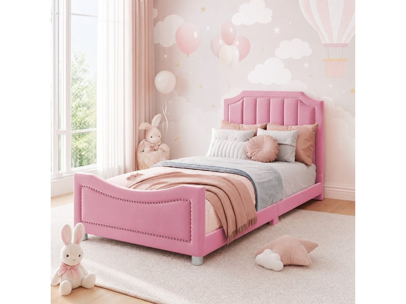  Lit enfant capitonné 90x200 cm utilisable en canapé-lit, flanelle rose  - Conforama C