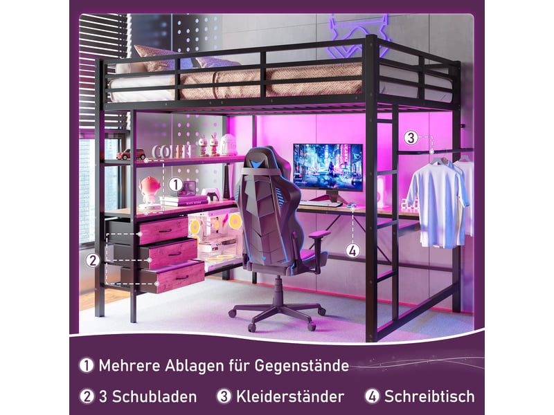  Lit mezzanine 140*200cm, structure en métal et mdf, éclairage led, bureau, port usb, 3 tiroirs, sans matelas, noir  - Conforama D