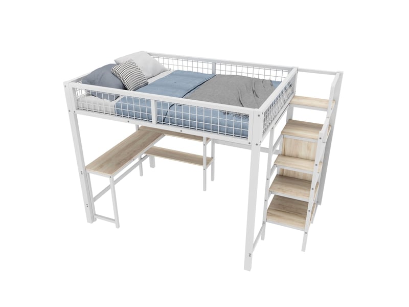  Lit mezzanine blanc 140x200cm avec rangement, échelle, bureau, structure robuste, confort durable - fer et mdf - pour enfant ado  - Conforama A