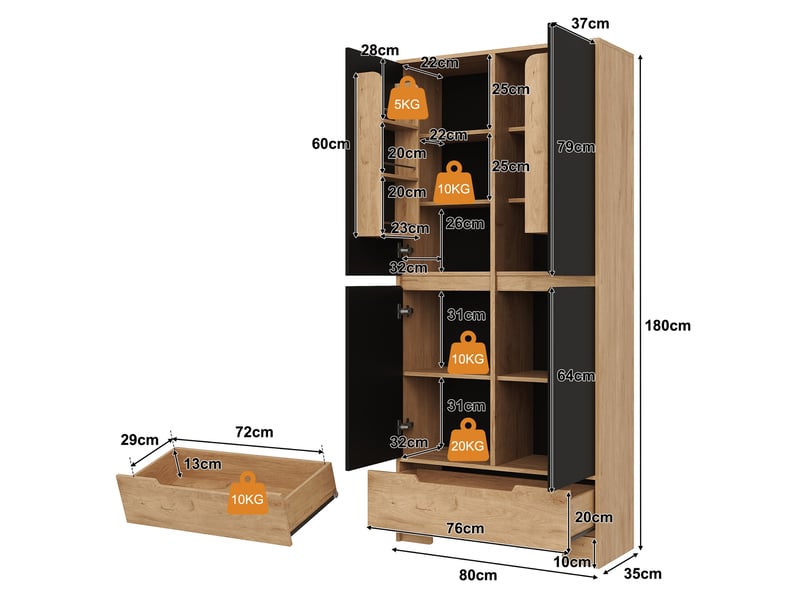 Buffet haut 80x35x180 cm noir avec grand tiroir, rangements de porte et étagères réglables Fay Lum - Conforama C