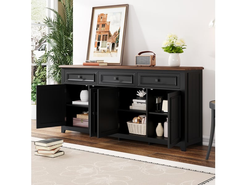  Buffet moderne 160x35x76 cm, grand rangement, 3 tiroirs, 4 portes, tablettes réglables, mdf noir, dessus motif bois  - Conforama D