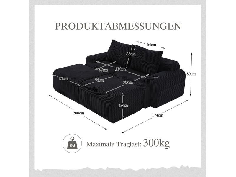  Canapé modulaire 2 places 200x174x80 cm en l possible, porte-gobelet intégré, poche latérale, velours côtelé noir  - Conforama C