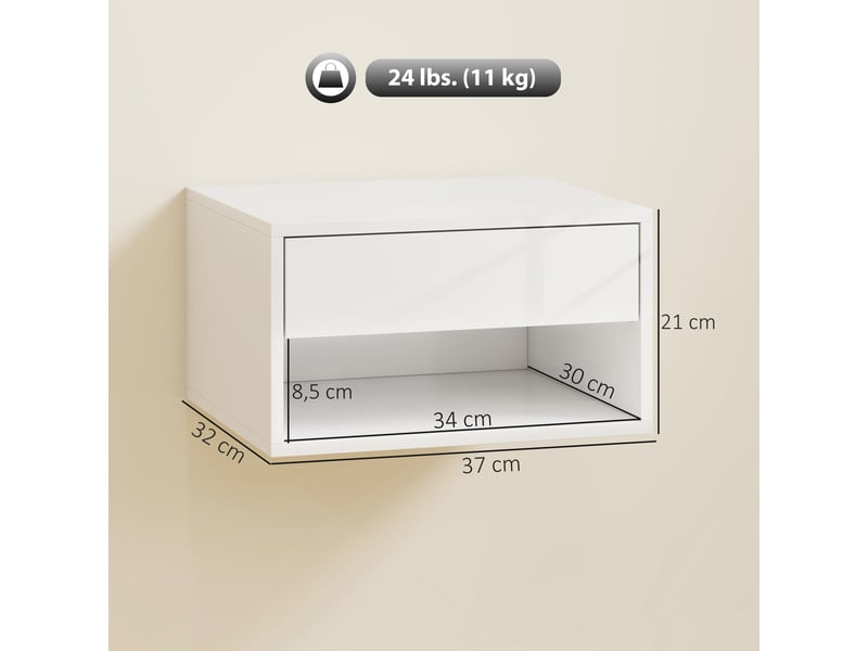  Ensemble de 2 tables de chevet suspendues, avec tiroir et étagère ouverte, 37 x 32 x 21 cm, blanc brillant  - Conforama E