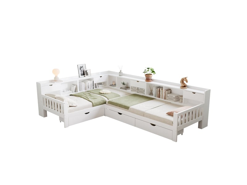  Lit enfant en bois 90 x 200 cm, lit pour deux enfants en forme de l, avec espace de rangement, étagères et tiroirs, blanc  - Conforama A
