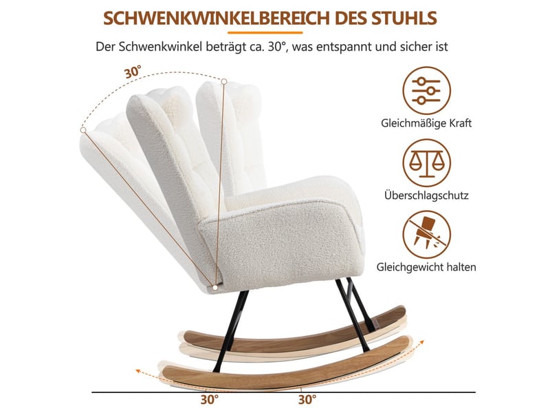  Fauteuil à bascule relax - 67x48x92 cm - avec repose-pieds et coussin en tissu bouclé pieds bois - blanc  - Conforama C