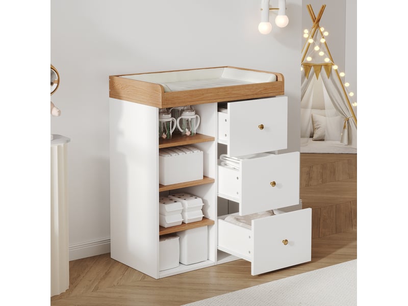  Table à langer 2-en-1 82x50x100 cm, 3 tiroirs, barrière amovible, rangements mdf blanc aspect bois clair  - Conforama B