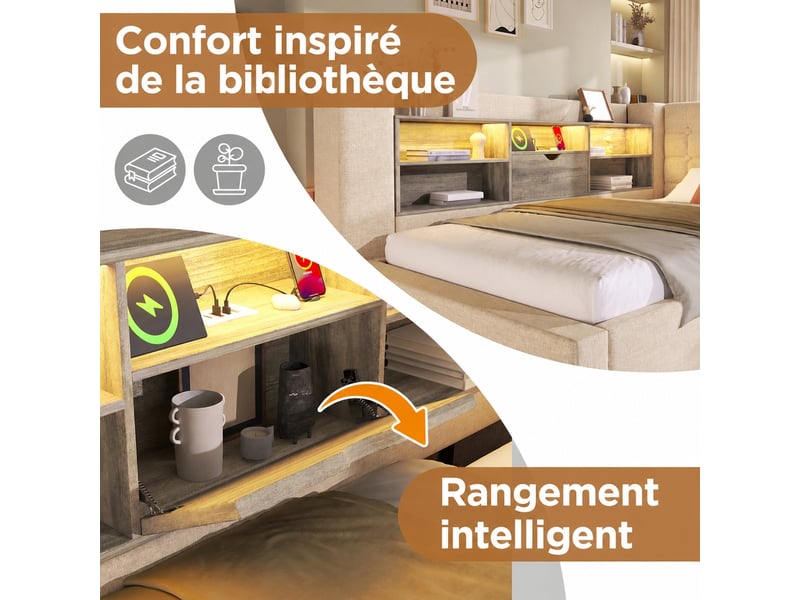 Lit 2 places 140 x 190 cm avec tête de lit en l, led et rangement, beige - Conforama E