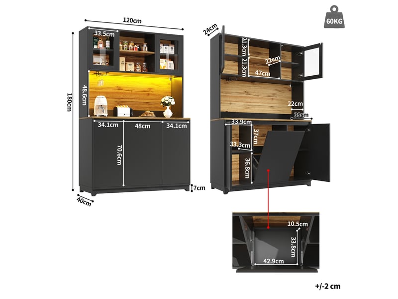  Armoires cuisine, buffet 120x40x180 cm, haut vaisselier avec éclairage led, de rangement meuble d'appoint avec plans de travail  - Conforama C