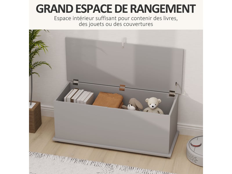  Coffre de rangement, banc de rangement avec couvercle rabattable et charnières de sécurité, 100 x 40 x 40 cm, gris  - Conforama D