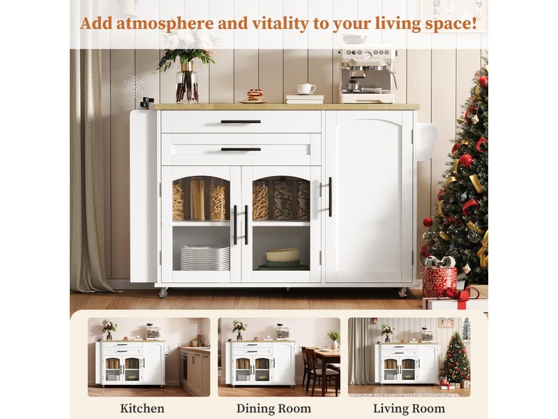  Desserte de cuisine avec 2 portes, 2 tiroirs, plateau rabattable et roues en mdf 120×45(70)×90 cm blanc naturel  - Conforama C