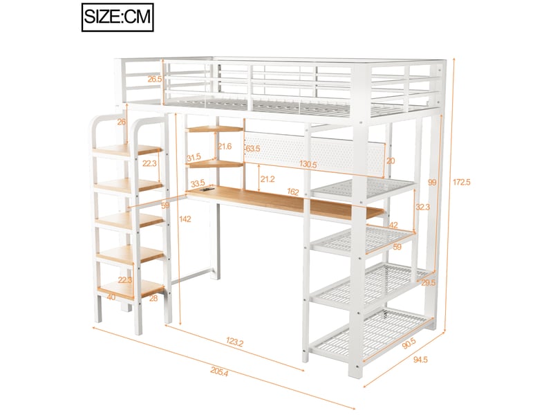 Lit mezzanine 90x200 cm avec bureau, led multicolores et prises intégrées, blanc - Conforama C