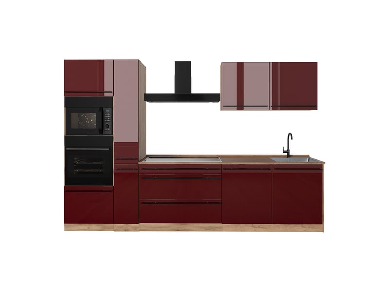  Vicco cuisine, rouge brillantchêne doré, 310cm plan de travail chêne doré  - Conforama A