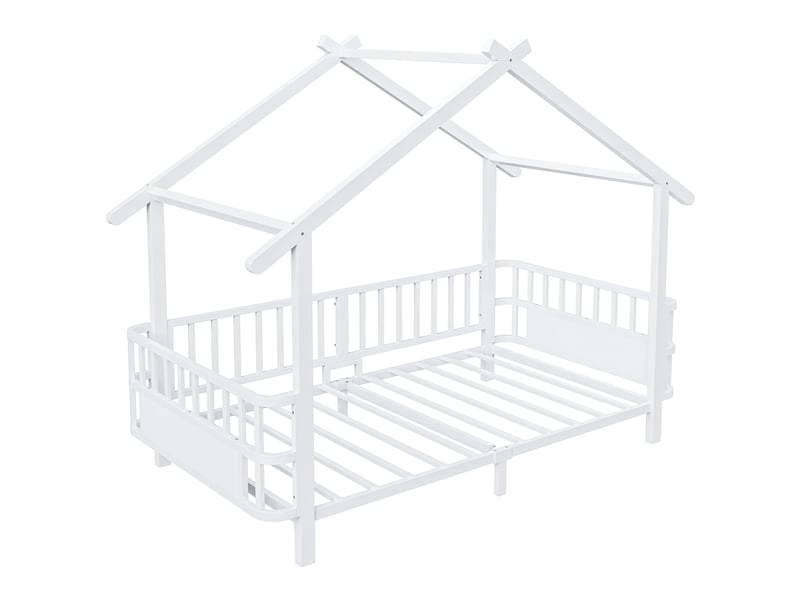  Lit cabane enfant 90x200 en métal blanc, structure toit et barrière de sécurité intégrée pour chambre  - Conforama W