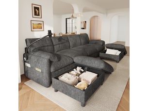 Canapé d'angle réversible convertible <strong></strong> <strong>BrimViber</strong> 6 places Tissu gris avec coffre de rangement