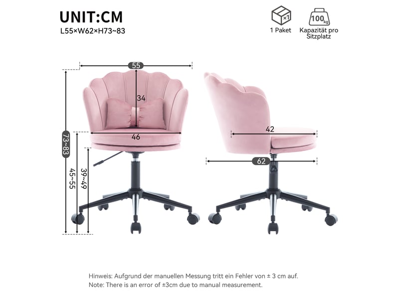  Chaise de bureau pivotante rose en velours, dossier fleur et coussin lombaire, hauteur réglable  - Conforama C