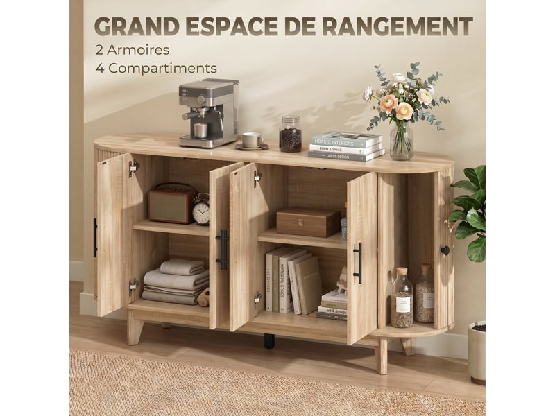 Buffet salon, meuble de rangement ovale avec 6 portes et 2 étagères réglables, chêne, 147x40x76cm - Conforama E