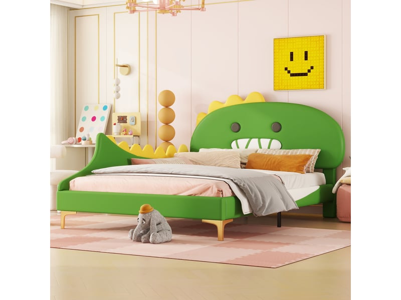 Lit enfant 140 x 200 cm, motif dinosaure, lit plat, en polyuréthane, vert  - Conforama B
