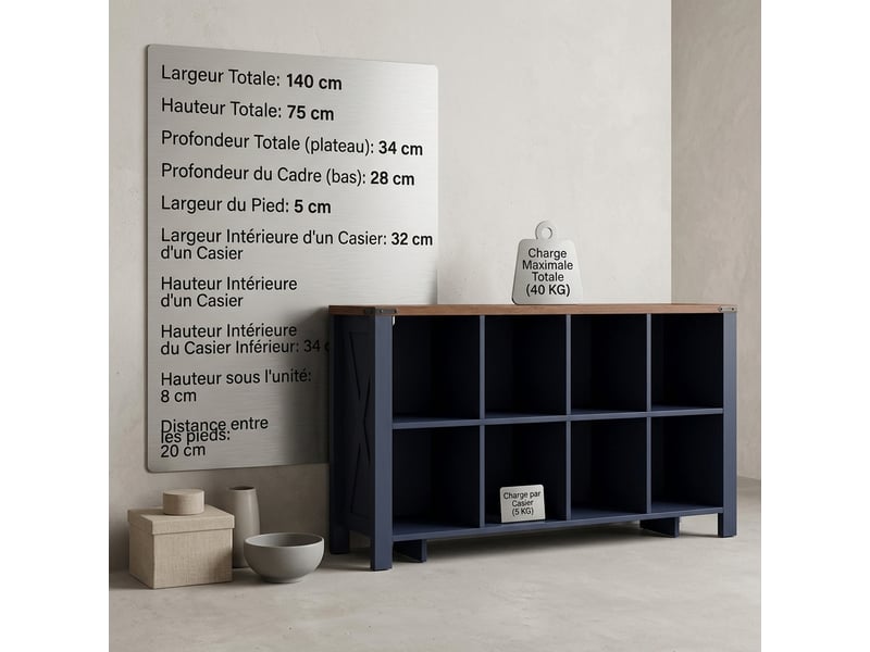  Buffet de cuisine 140 cm à 8 casiers en mdf bleu, meuble de rangement horizontal  - Conforama C