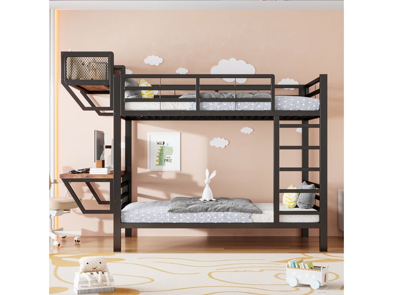 Lit superposé 90 x 200 cm avec bureau, étagères et sommier à lattes, gain de place pour enfant, ado et adulte, métal et bois, noir OMNIGLINT TRADING LTD - Conforama E