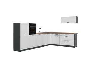 Vicco cuisine en angle, blanc campagneanthracite, 327 x cm plan de travail chêne doré
