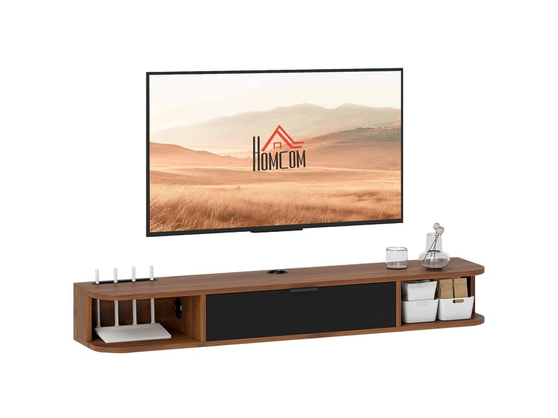 Meuble tv suspendu 1 tiroir rabattable 2 étagères coloris noyer 120 x 24 x 16 cm  - Conforama A
