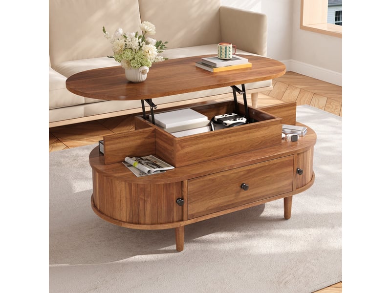  Table basse ovale avec plateau relevable, mdf, système hydraulique central, rangement dissimulé, deux tablettes ouvertes, grand tiroir et deux portes coulissantes  - Conforama E