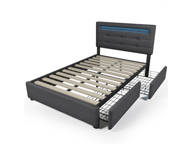  Cadre de lit, lit enfant 90x200 cm, 2 tiroirs, led, tête de lit réglable, sommier à lattes, matelas inclus, bois gris  - Conforama W